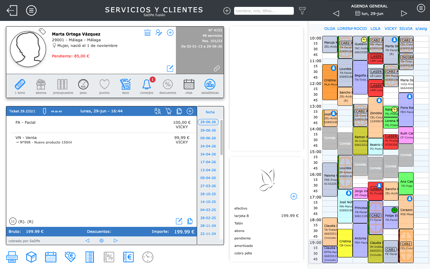 Fiche client complète dans SaDPe Fusion avec historique des services